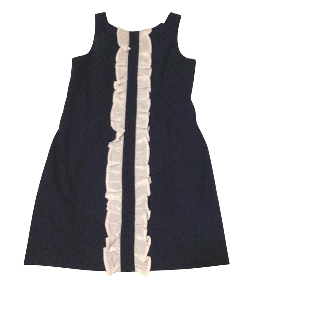 Lauren James Navy Blue Sleeveless Ruffle Front Sheath Dress S Made in USA‎ NWT